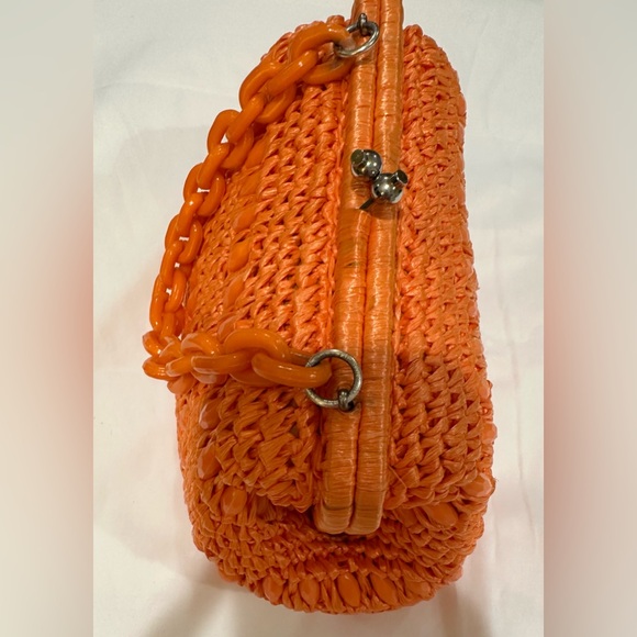Vintage 1960s Marcus Brothers of Miami orange Straw Handbag Purse silve hardware - Picture 2 of 7
